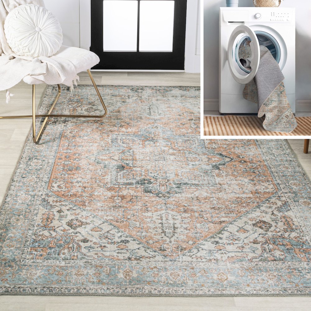Armae Distressed Medallion Chenille Machine-Washable Area Rug. Picture 8