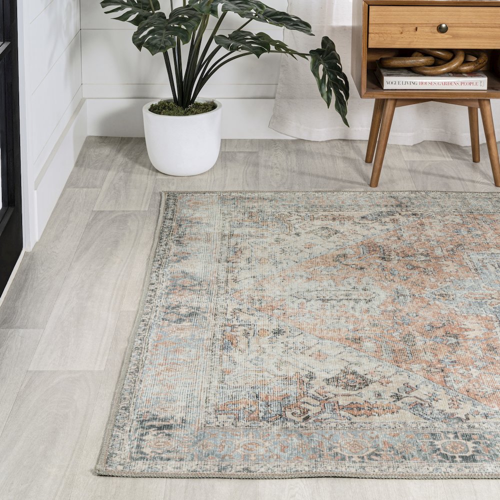 Armae Distressed Medallion Chenille Machine-Washable Area Rug. Picture 1