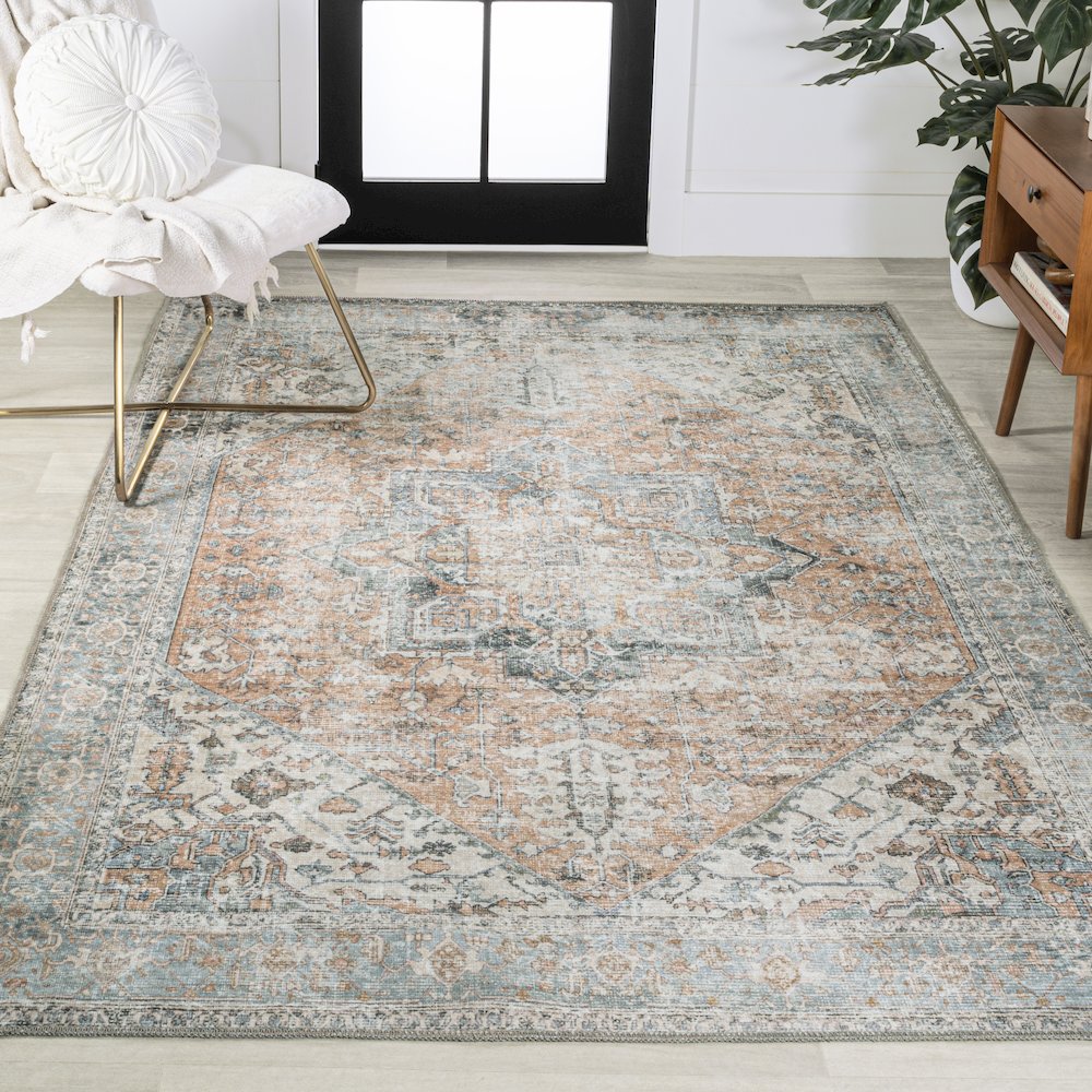 Armae Distressed Medallion Chenille Machine-Washable Area Rug. Picture 2