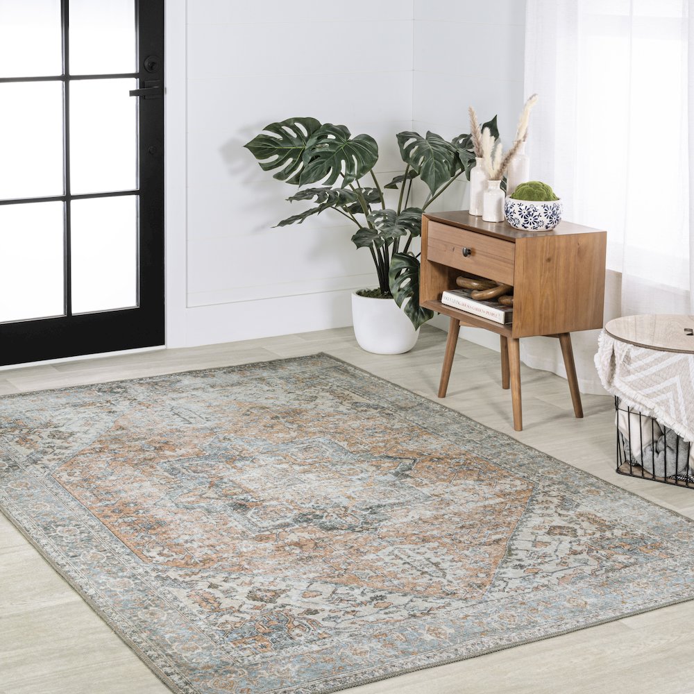 Armae Distressed Medallion Chenille Machine-Washable Area Rug. Picture 3