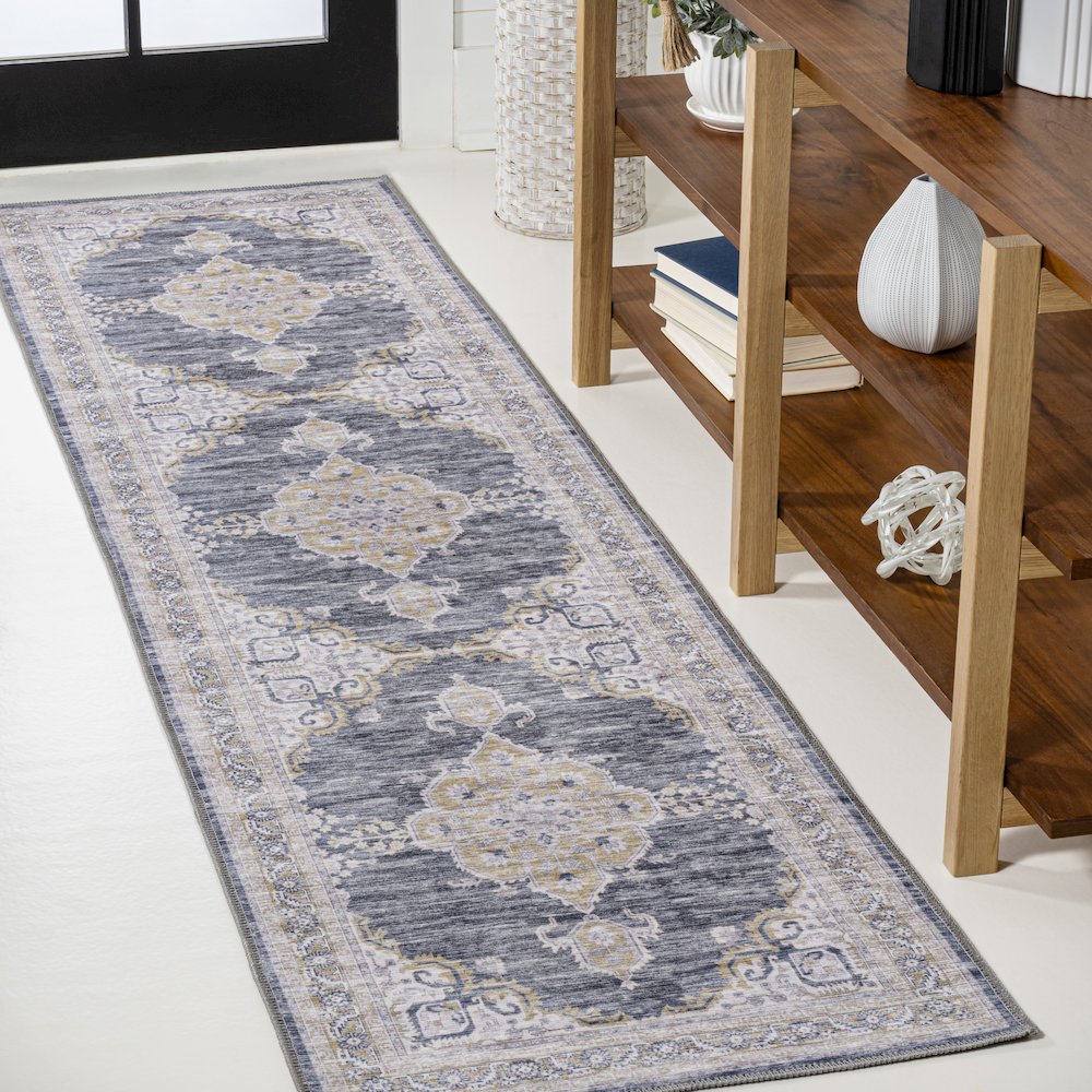 Wincer Chenille Cottage Medallion Machine-Washable Runner Rug. Picture 1