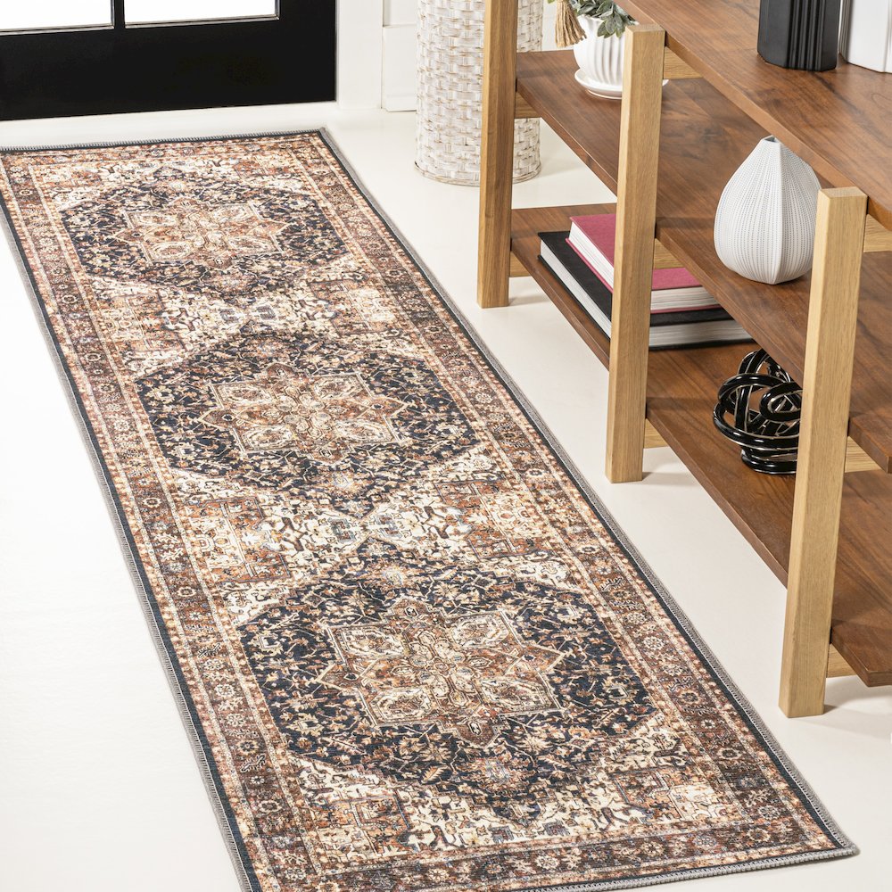 Chapell Chenille Traditional Medallion Machine-Washable Runner Rug. Picture 1