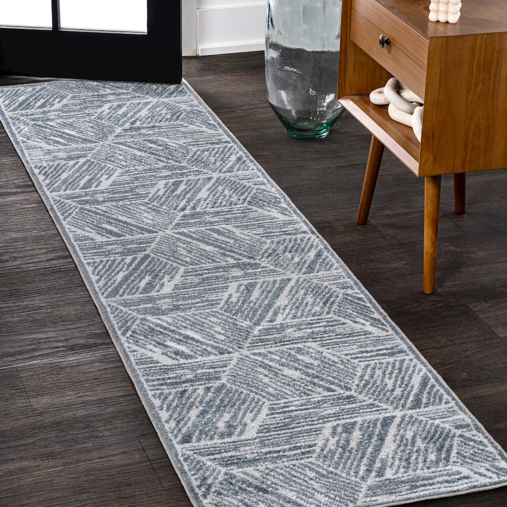 Vector Modern Coastal Geometric Machine-Washable Runner Rug. Picture 1