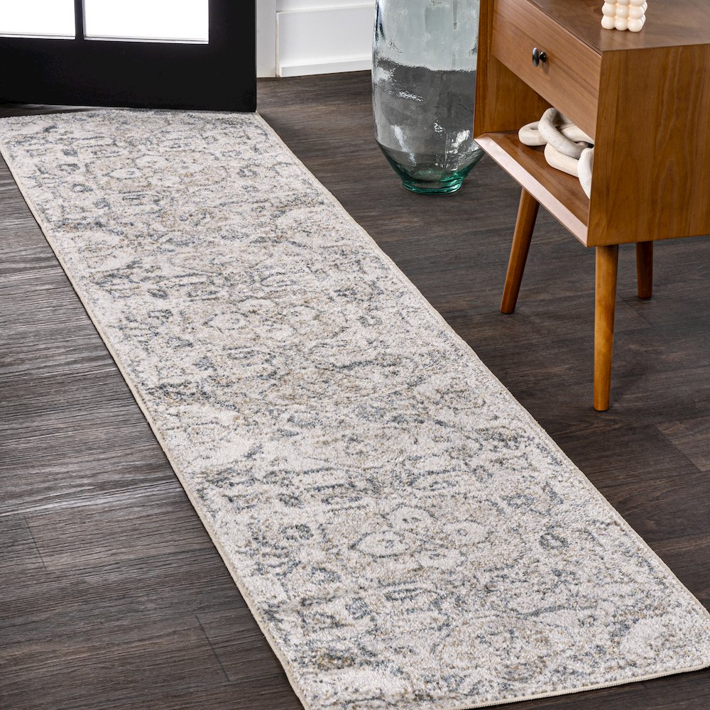 Edith Distressed Medallion Low-Pile Machine-Washable Runner Rug. Picture 1