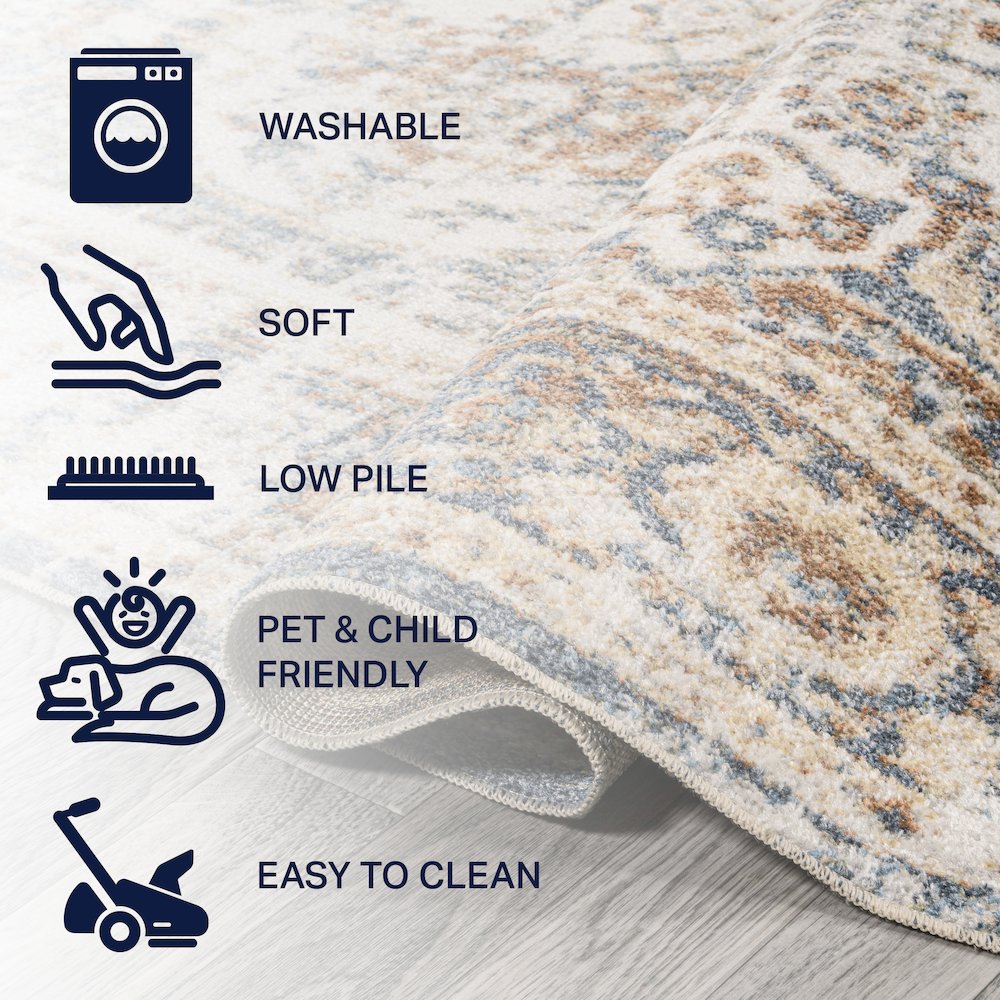 Keesha Bold Distressed Medallion Low-Pile Machine-Washable Runner Rug. Picture 7