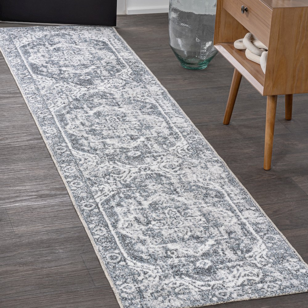 Keesha Bold Distressed Medallion Low-Pile Machine-Washable Runner Rug. Picture 1