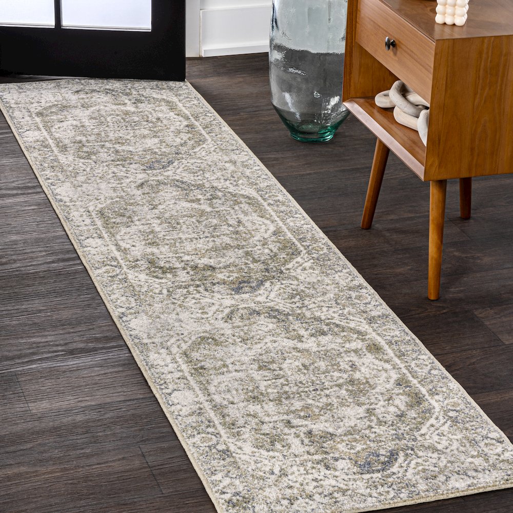 Keesha Bold Distressed Medallion Low-Pile Machine-Washable Runner Rug. Picture 1