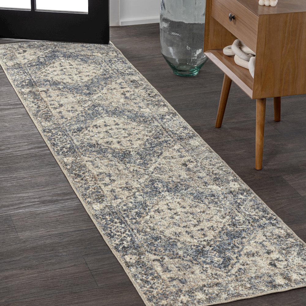Pavel Distressed Medallion Low-Pile Machine-Washable Runner Rug. Picture 1