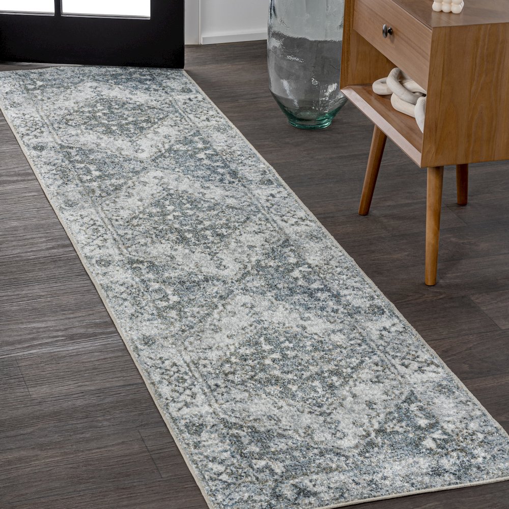 Pavel Distressed Medallion Low-Pile Machine-Washable Runner Rug. Picture 1