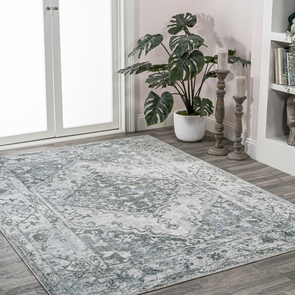 Pavel Distressed Medallion Low-Pile Machine-Washable Area Rug. Picture 3