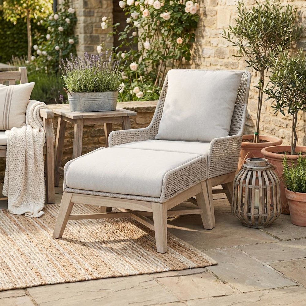 White Outdoor Footstool, Teak Base, Rope Weave, Removable Cushion. Picture 2
