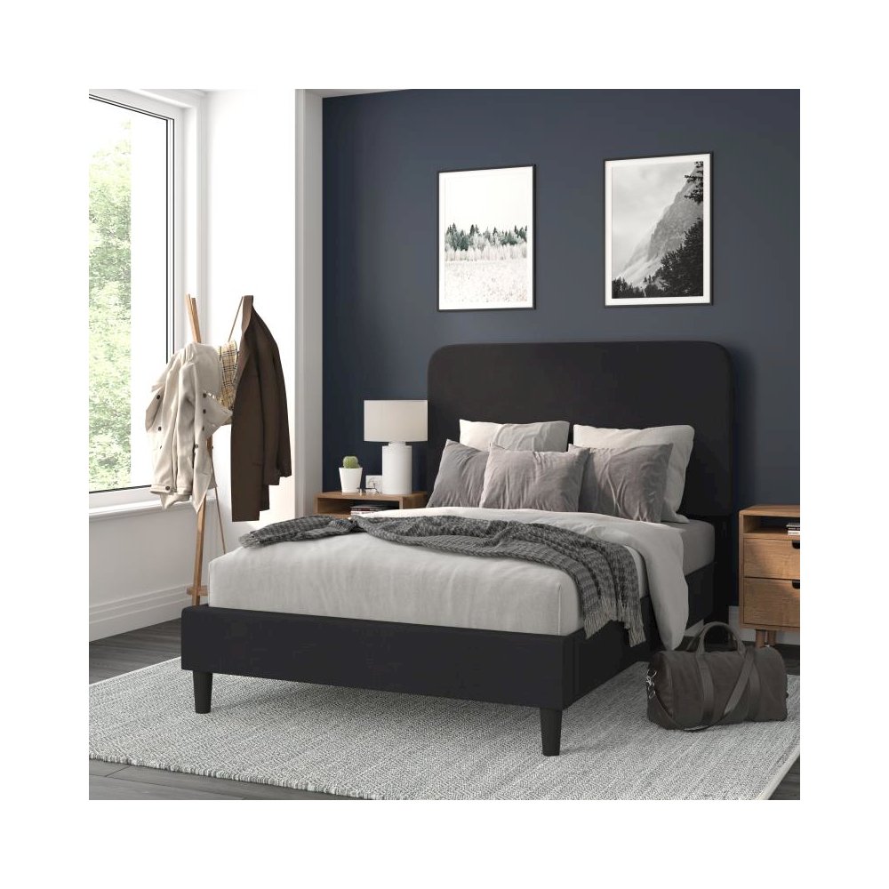 Charcoal Full Fabric Upholstered Platform Bed - Headboard with Rounded Edges - No Box Spring or Foundation Needed. Picture 2