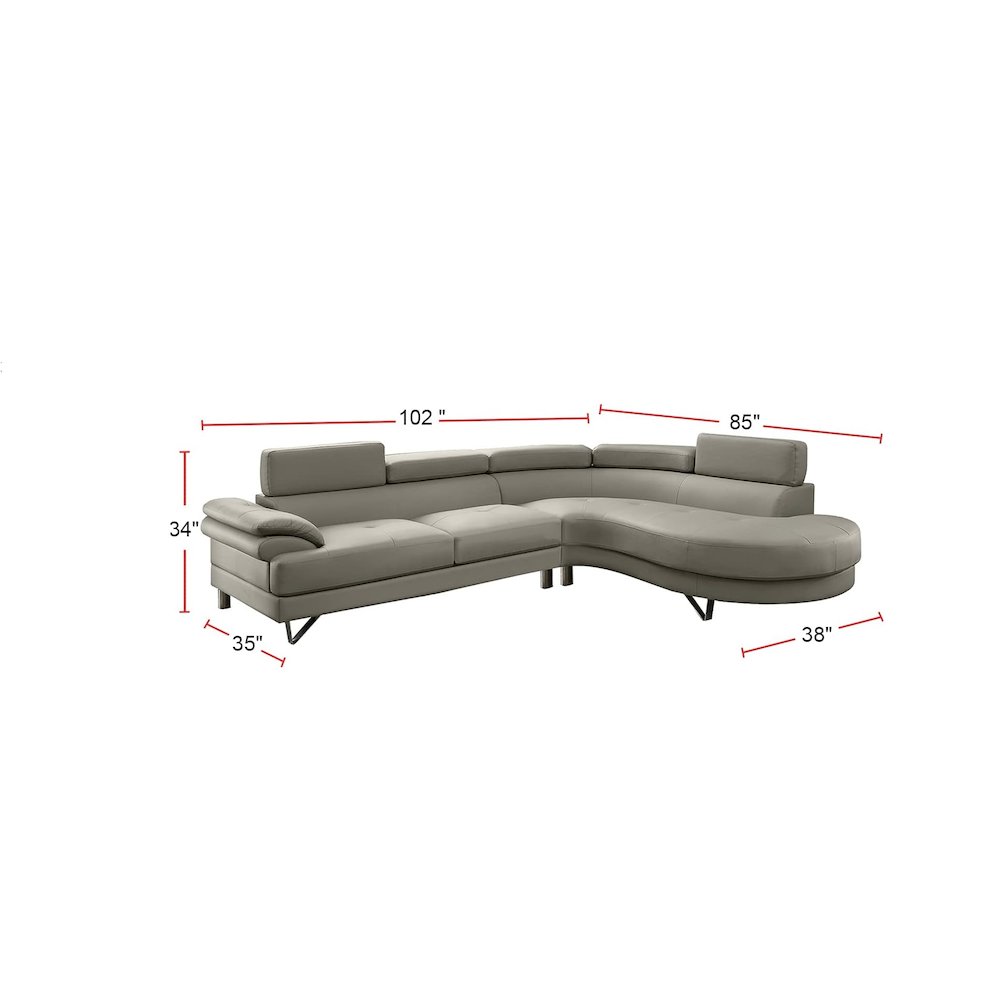 Poundex 2 Piece Faux Leather Sectional in Light Gray, 102" W x 85" D x 29" H, Package Weight 120. Picture 3