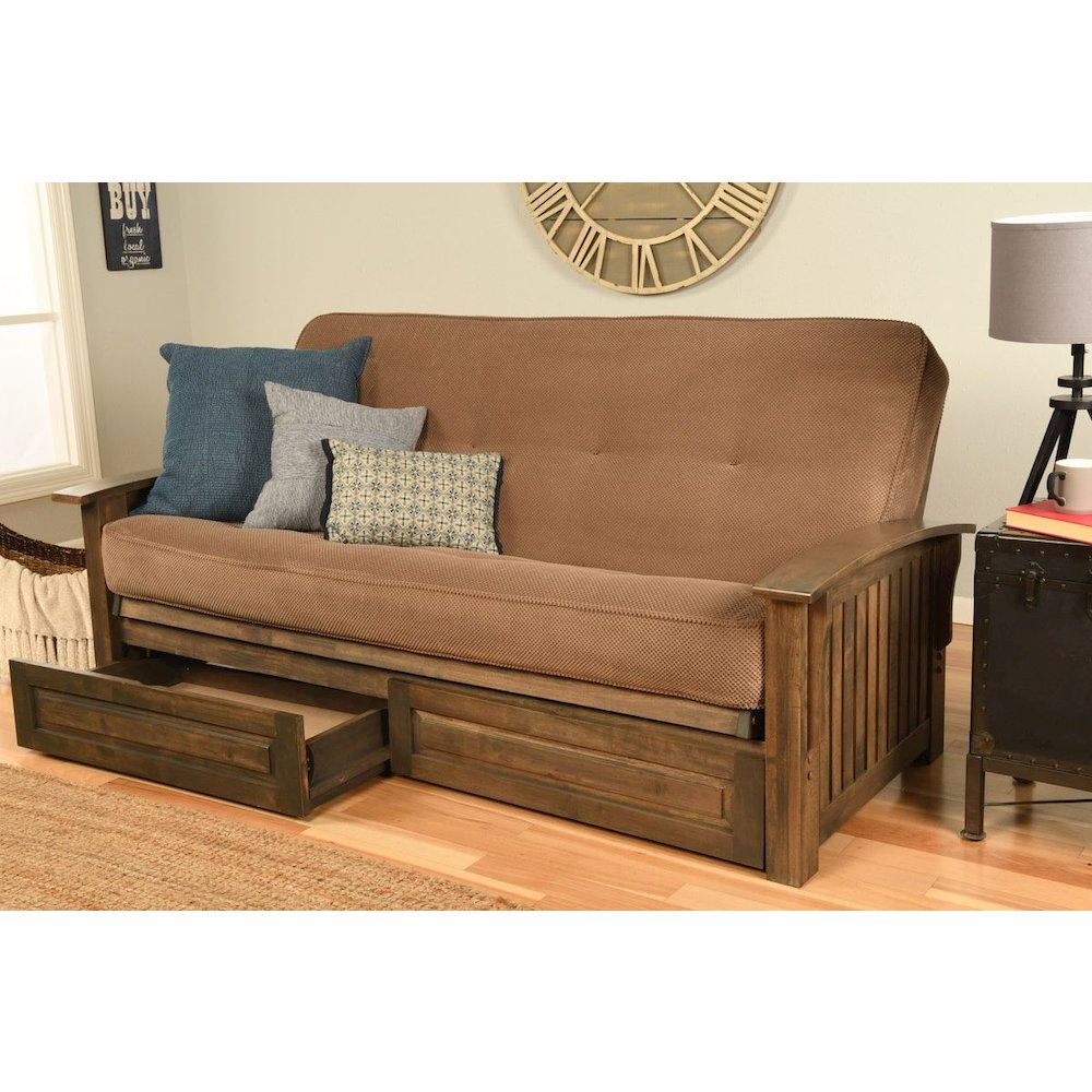 Washington Frame-Rustic Walnut Finish-Marmont Mocha Mattress-Storage Drawers. Picture 2