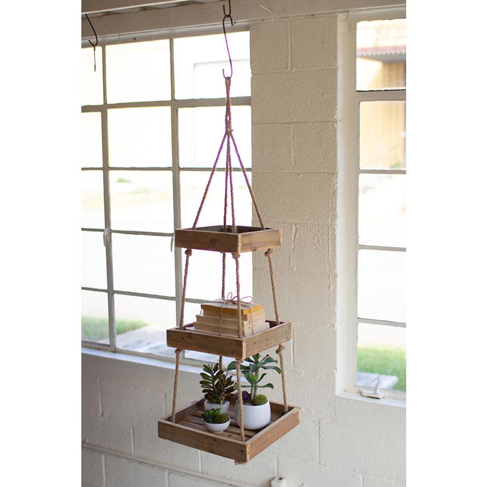 Hanging Three Tiered Sq Recycled Wood Display W Jute Rope. Picture 2