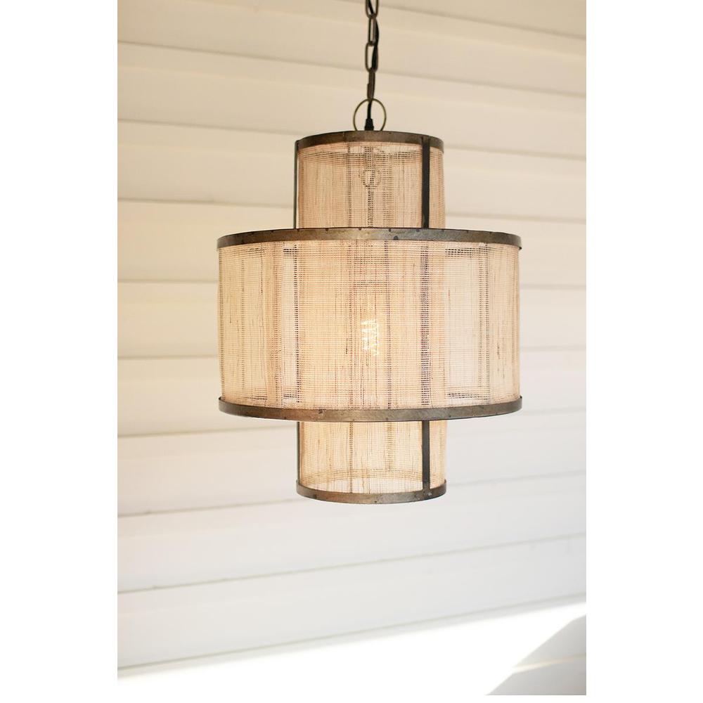 Round Double Layered Woven Fiber And Metal Pendant Light. Picture 2