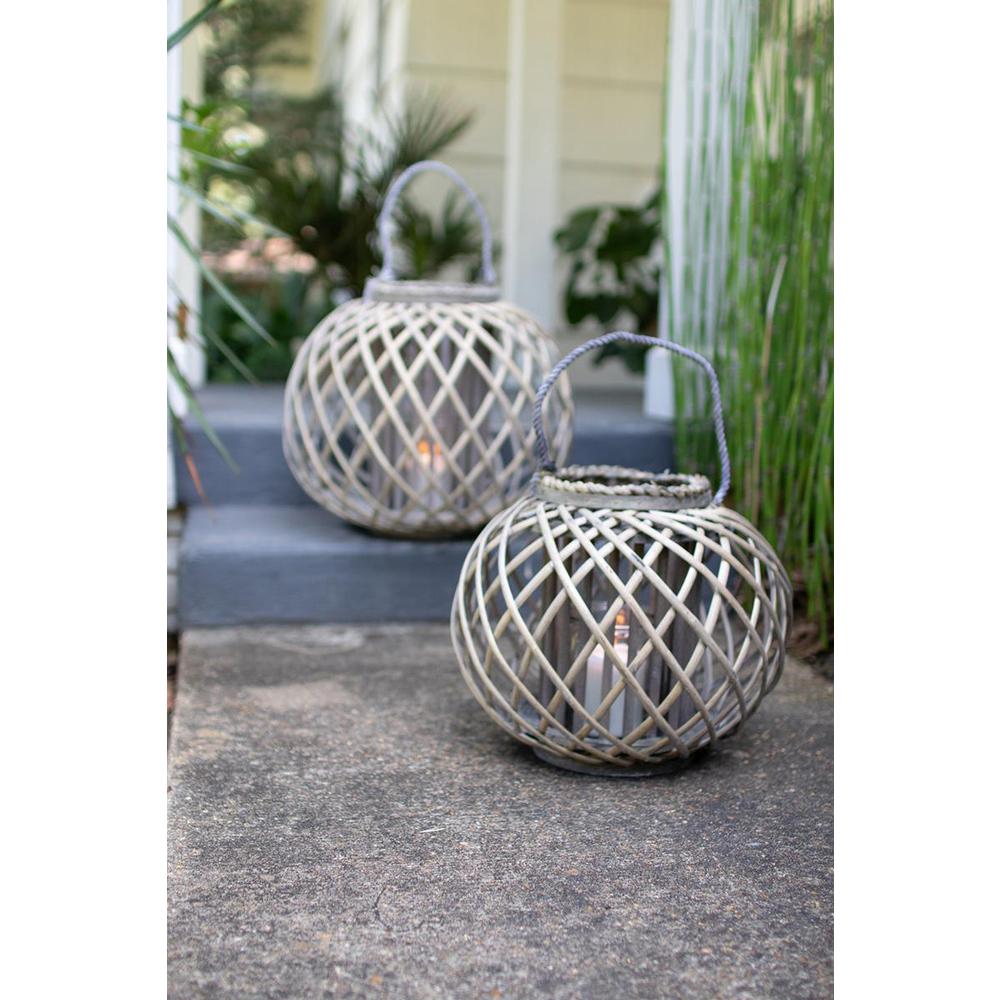 Low Round Grey Willow Lantern With Glass - Small. Picture 2