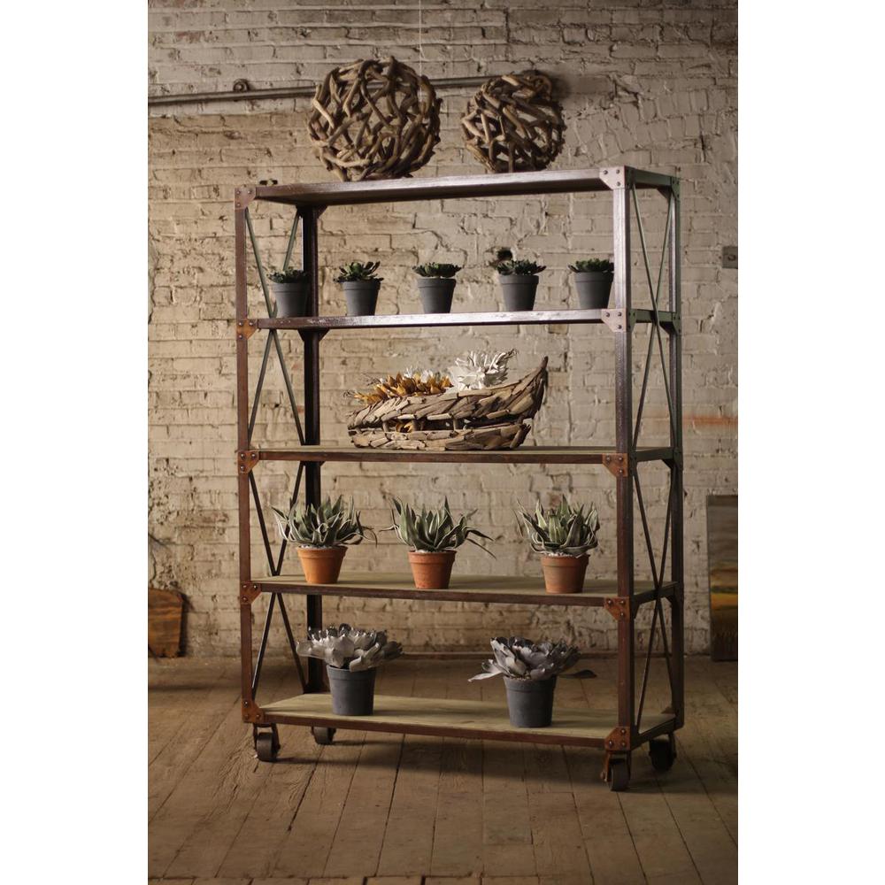 Large Iron & Wood Display W Five Shelves & Iron Casters. Picture 2