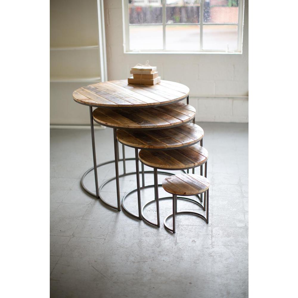 Set Of Five Recycled Wood And Iron Round Display Tables. Picture 2