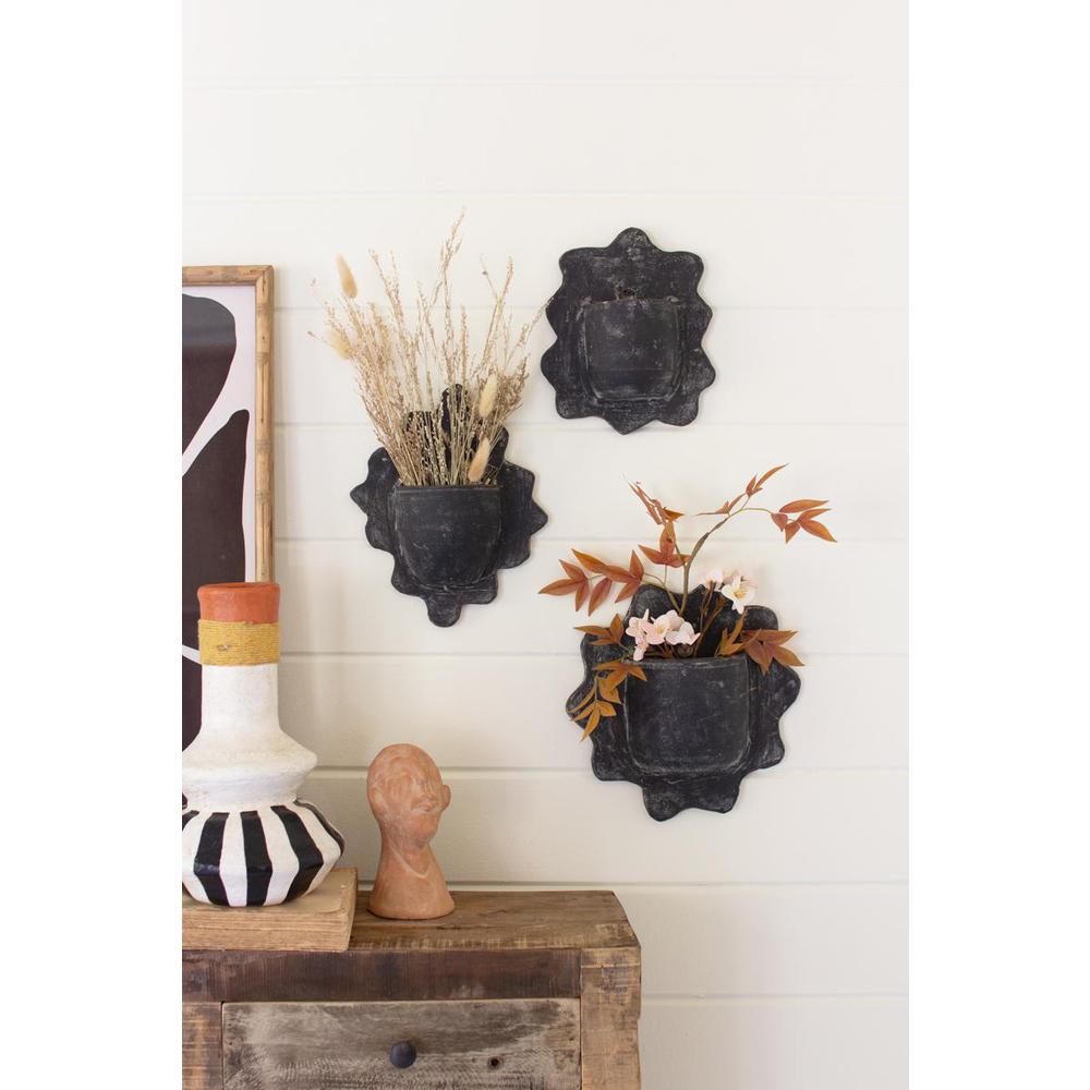 Set Of Three Black Wavy Clay Wall Planters. Picture 2