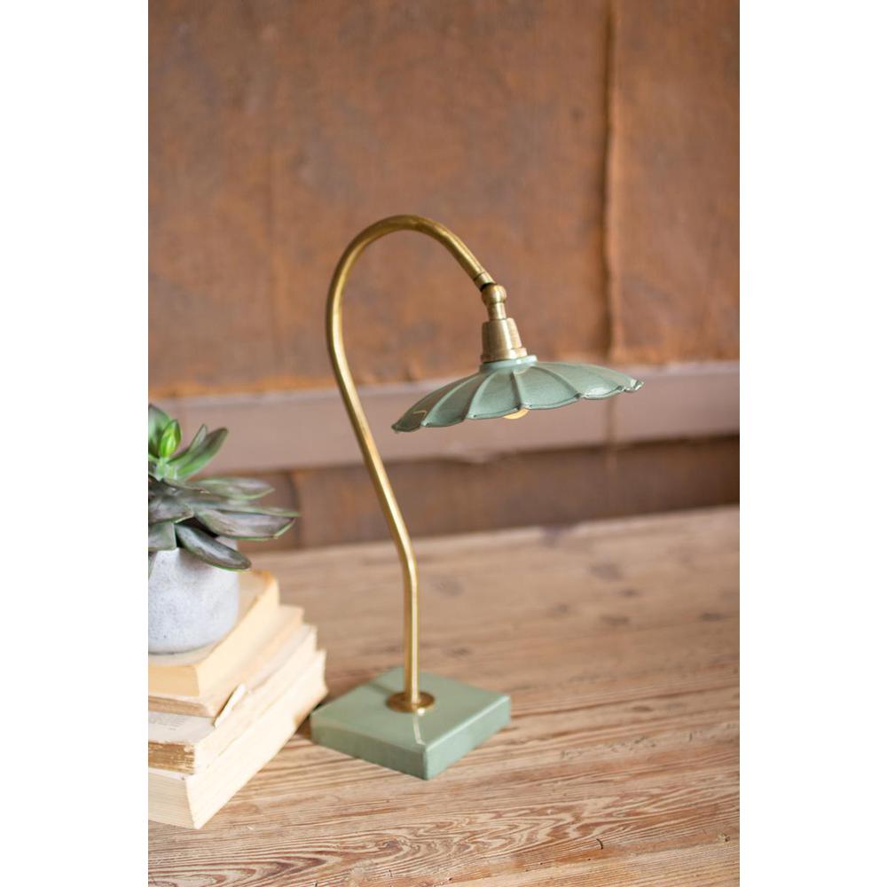 Antique Brass Goose Neck Table Lamp With Enamel Shade. Picture 2
