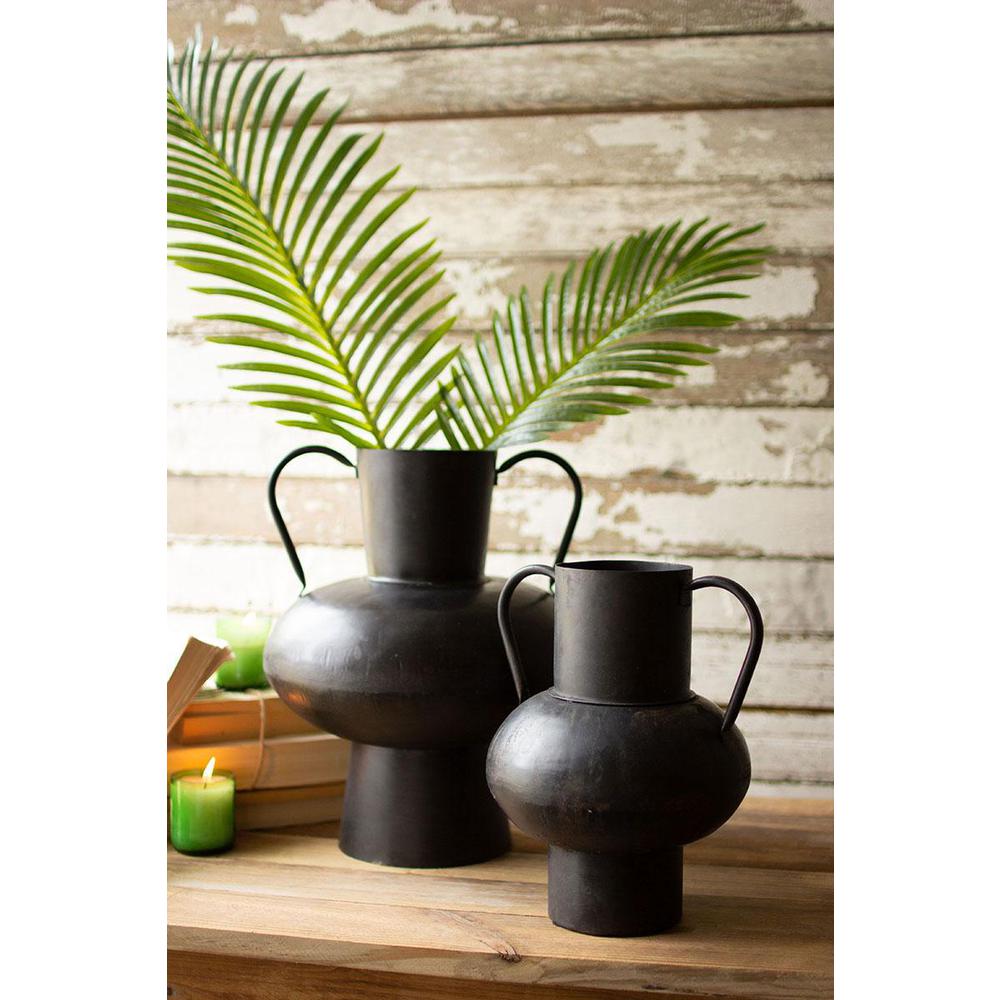 Set Of Two Waxed Black Metal Urns With Handles. Picture 2