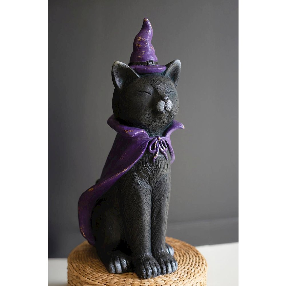 Painted Resin Black Cat With Purple Hat. Picture 1