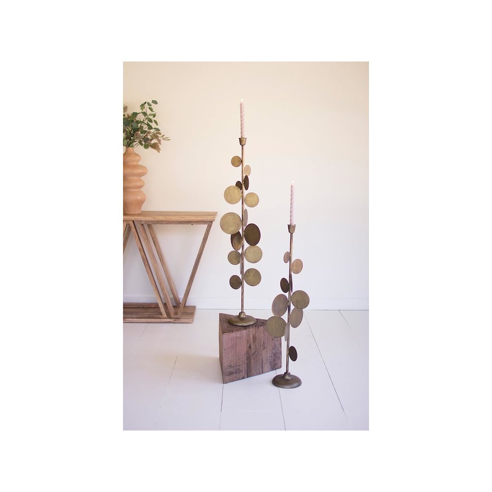 Set Of Two Antique Brass Candle Holders With Round Discs Detail. Picture 1