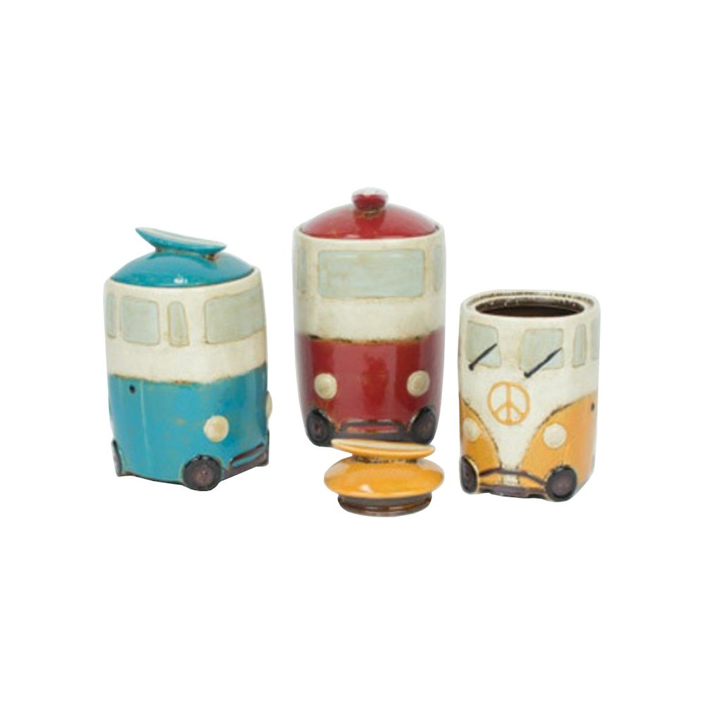 Set Of Three Ceramic Van Canisters With Surfboard Handles. Picture 1