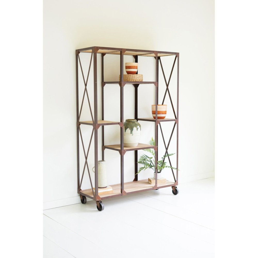 Iron And Wood Display Alternating Shelves And Iron Casters. Picture 1