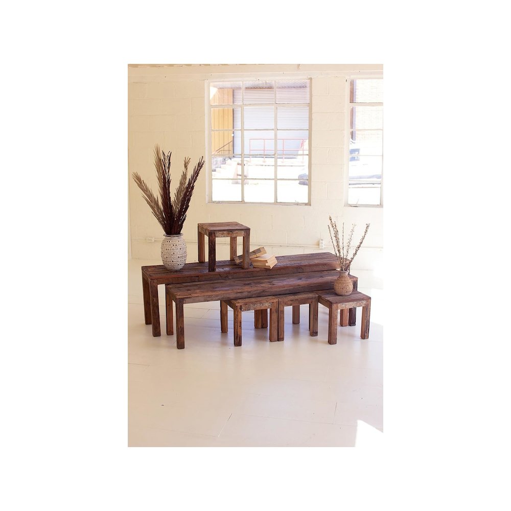 Set Of Six Recycled Wood Benches. Picture 1