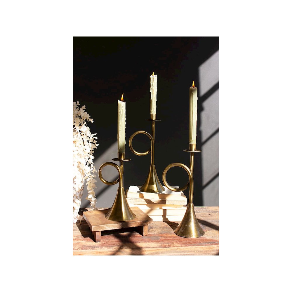 Set Of Three Antique Brass Trumpet Taper Candle Holders. Picture 1