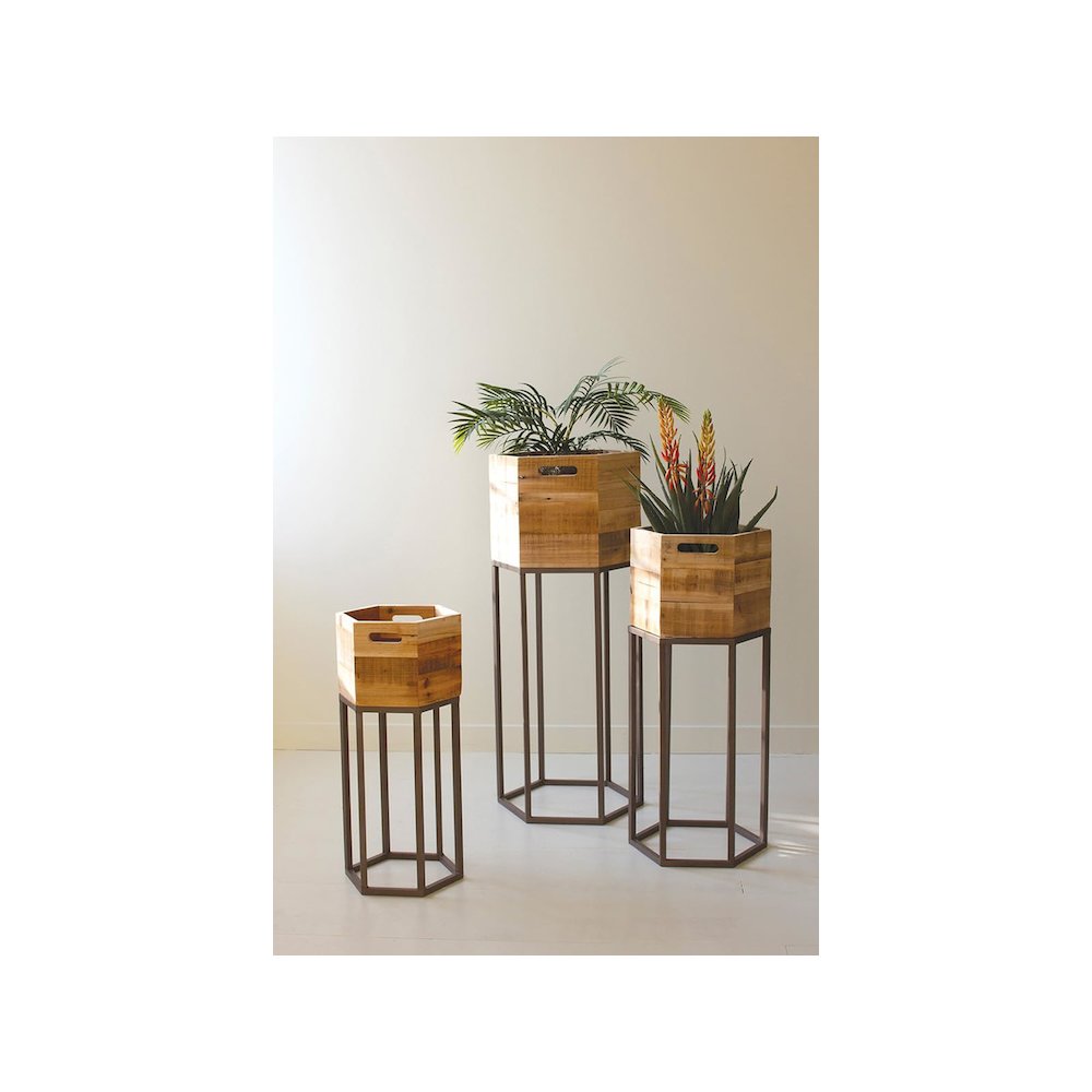 Set Three Hexagon Recycled Wood Planters On Metal Bases. Picture 1