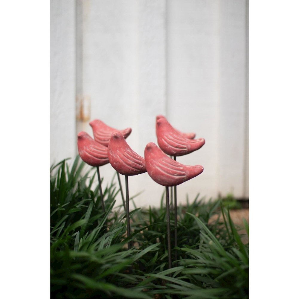 Set Of Six Red Bird Plant Stakes. Picture 1