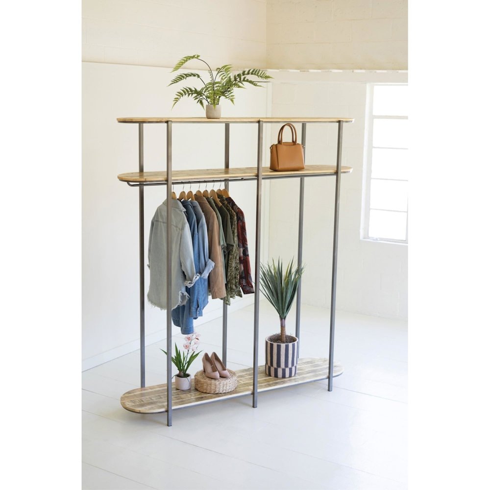 Tall Iron And Recycled Wood Garment Display. Picture 1
