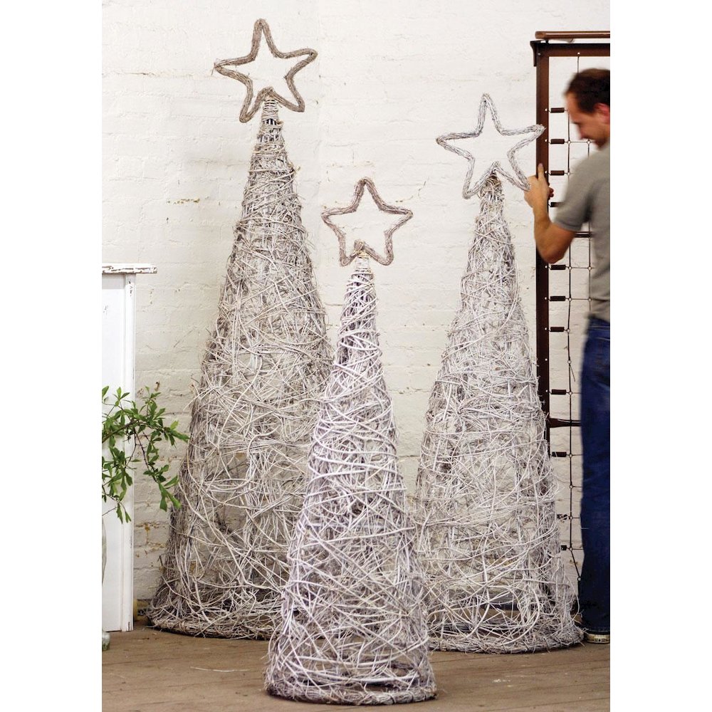 Set Of 3 Whitewash Giant Iron Twig Topiaries W Star Finials. Picture 1