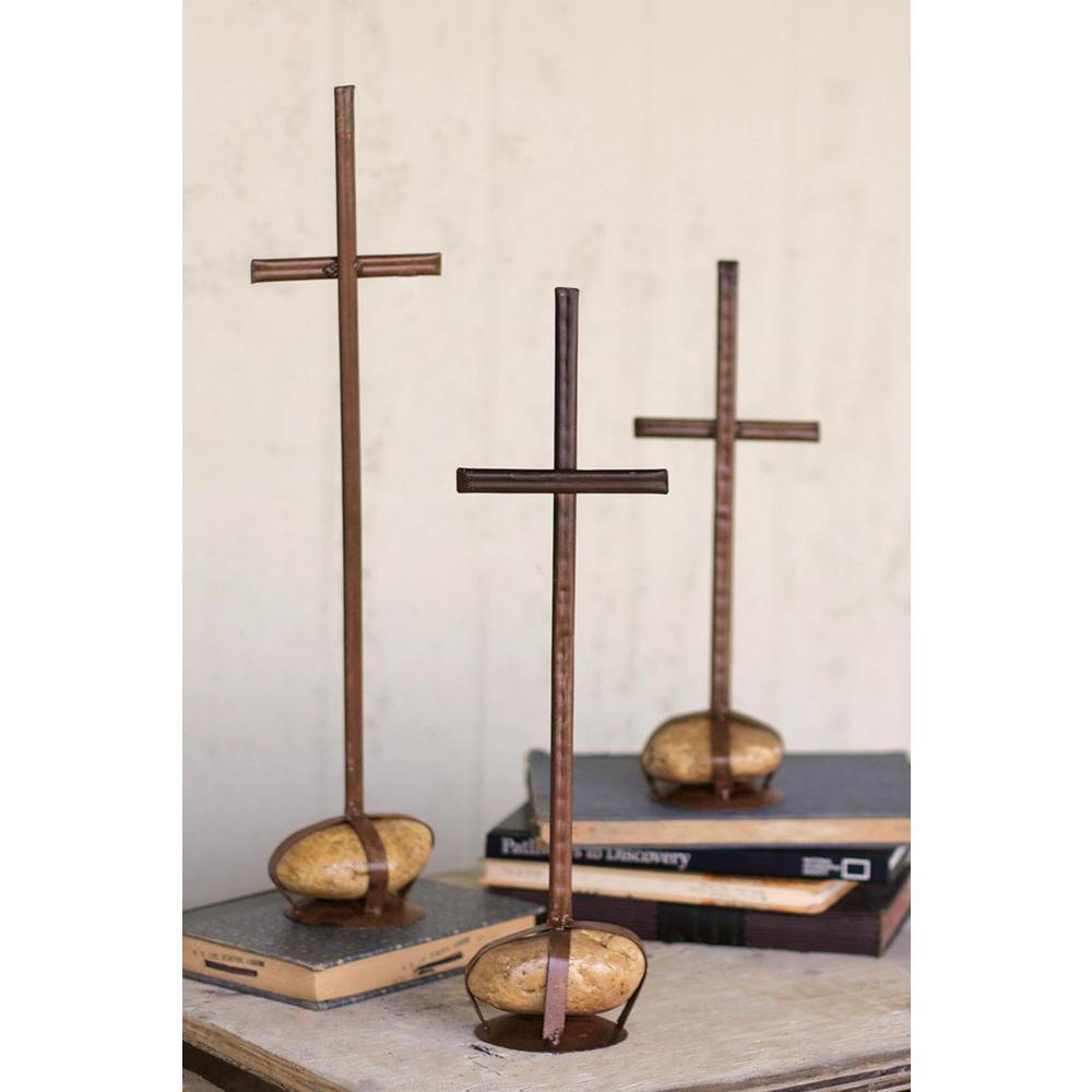 Set Of Three Scrap Metal Crosses With Caged Rock Bases. Picture 2