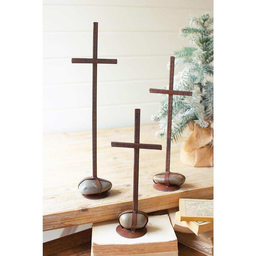 Set Of Three Scrap Metal Crosses With Caged Rock Bases. Picture 3