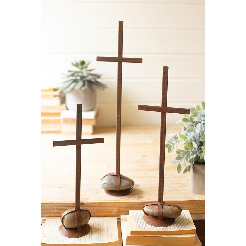 Set Of Three Scrap Metal Crosses With Caged Rock Bases. Picture 4