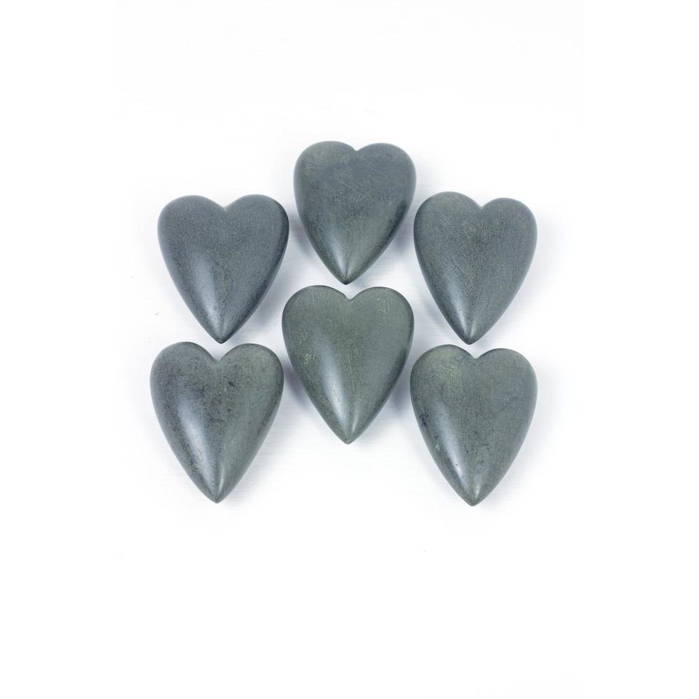 Set Of Six Hand-Carved Stone Hearts - Grey. Picture 1