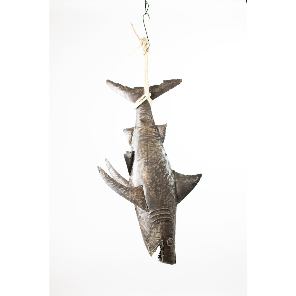 Recycled Hand Hammered 3D Shark With Sisal Rope. Picture 1