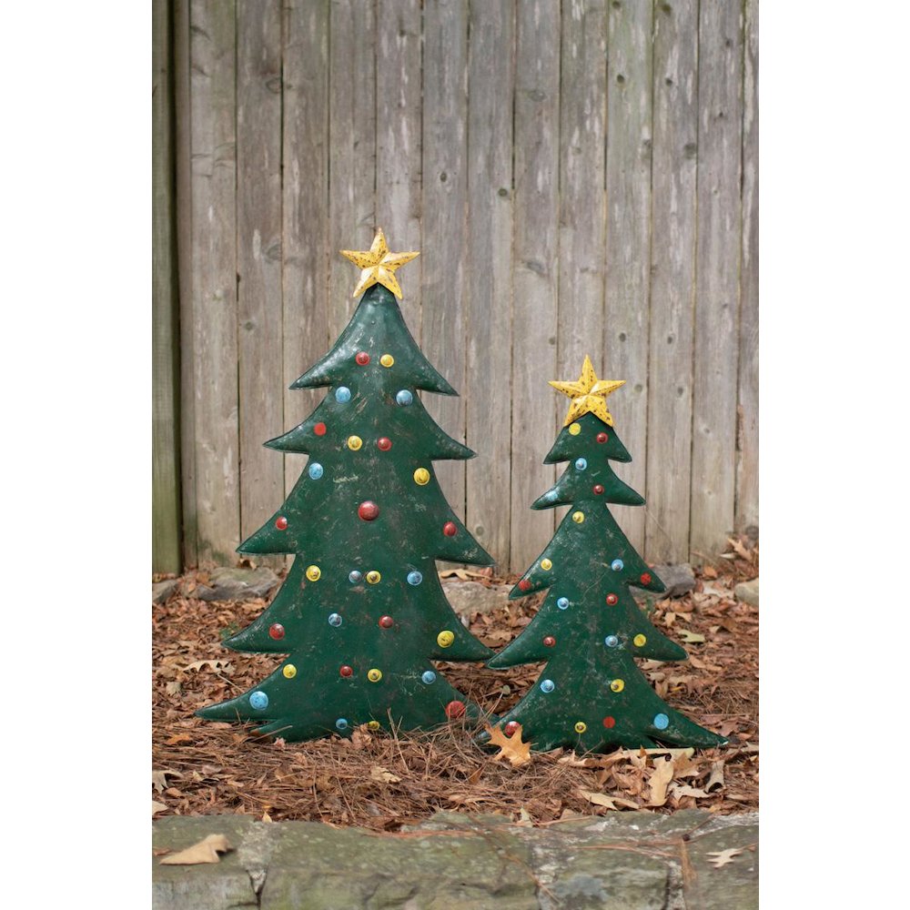 Set Of Two Hand-Hammered Metal Christmas Tree Yard Stakes. Picture 1