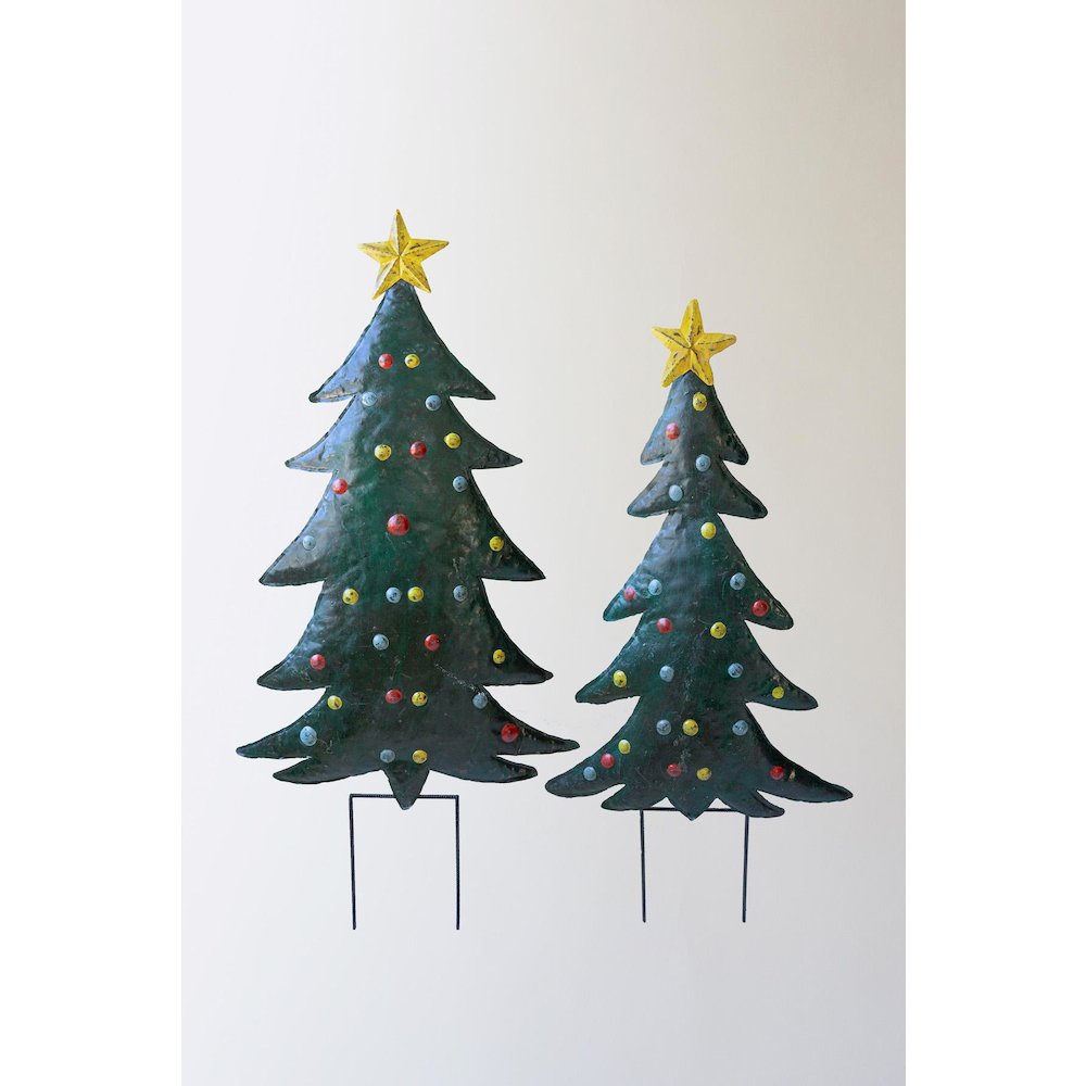 Set Of Two Hand-Hammered Metal Christmas Tree Yard Stakes. Picture 3