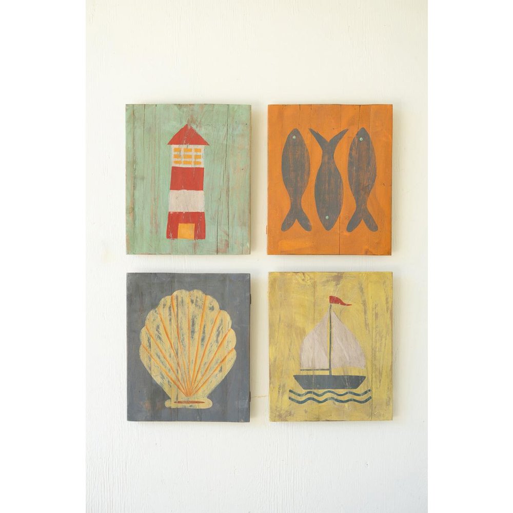 Set Of Four Painted Wood Coastal Wall Art. Picture 1