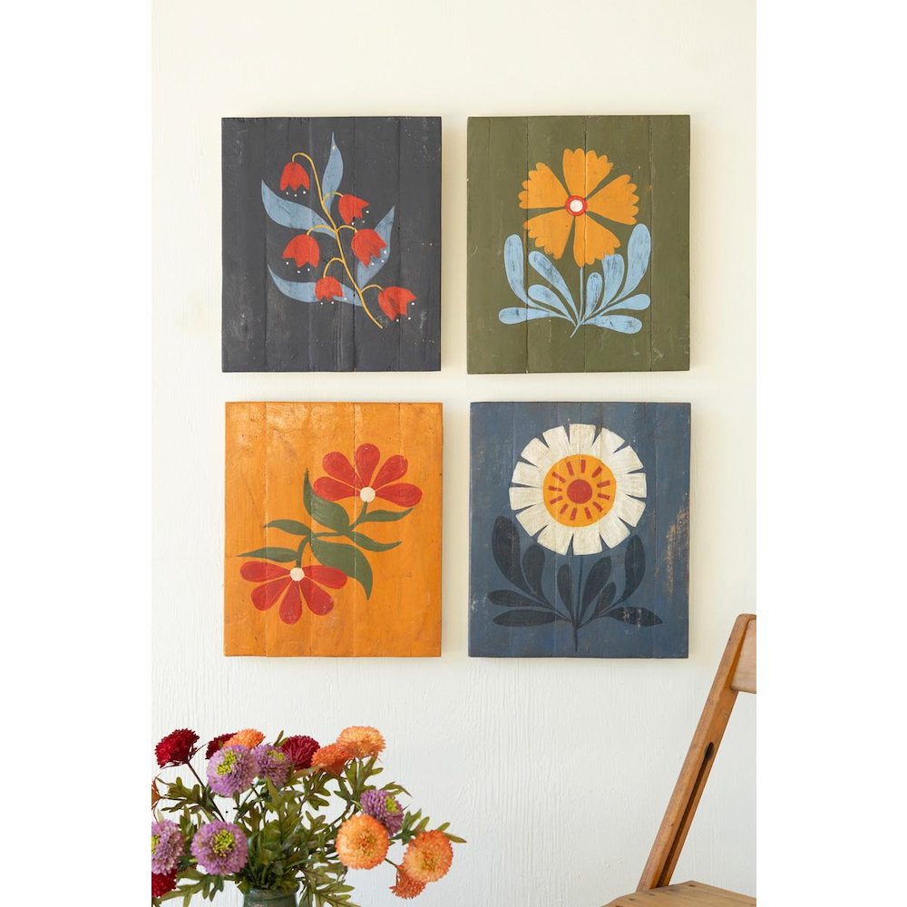 Set Of Four Hand Painted Florals On Recycled Wood Panels. Picture 1