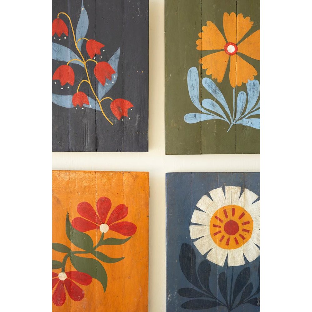 Set Of Four Hand Painted Florals On Recycled Wood Panels. Picture 2