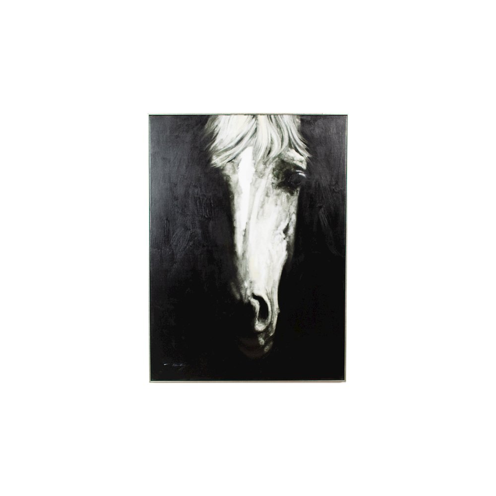 Oil Painting Black & White Front View Horse W Silver Frame. Picture 1