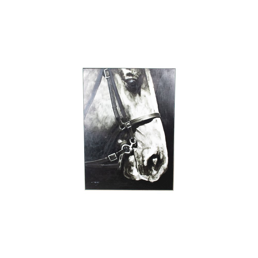 Oil Painting Black & White Side View Horse W Silver Frame. Picture 1