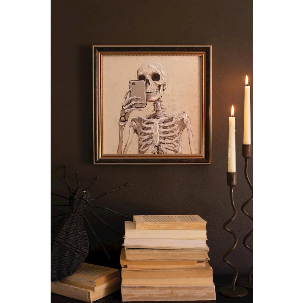 Framed Halloween Skeleton With Cell Phone Painting. Picture 1