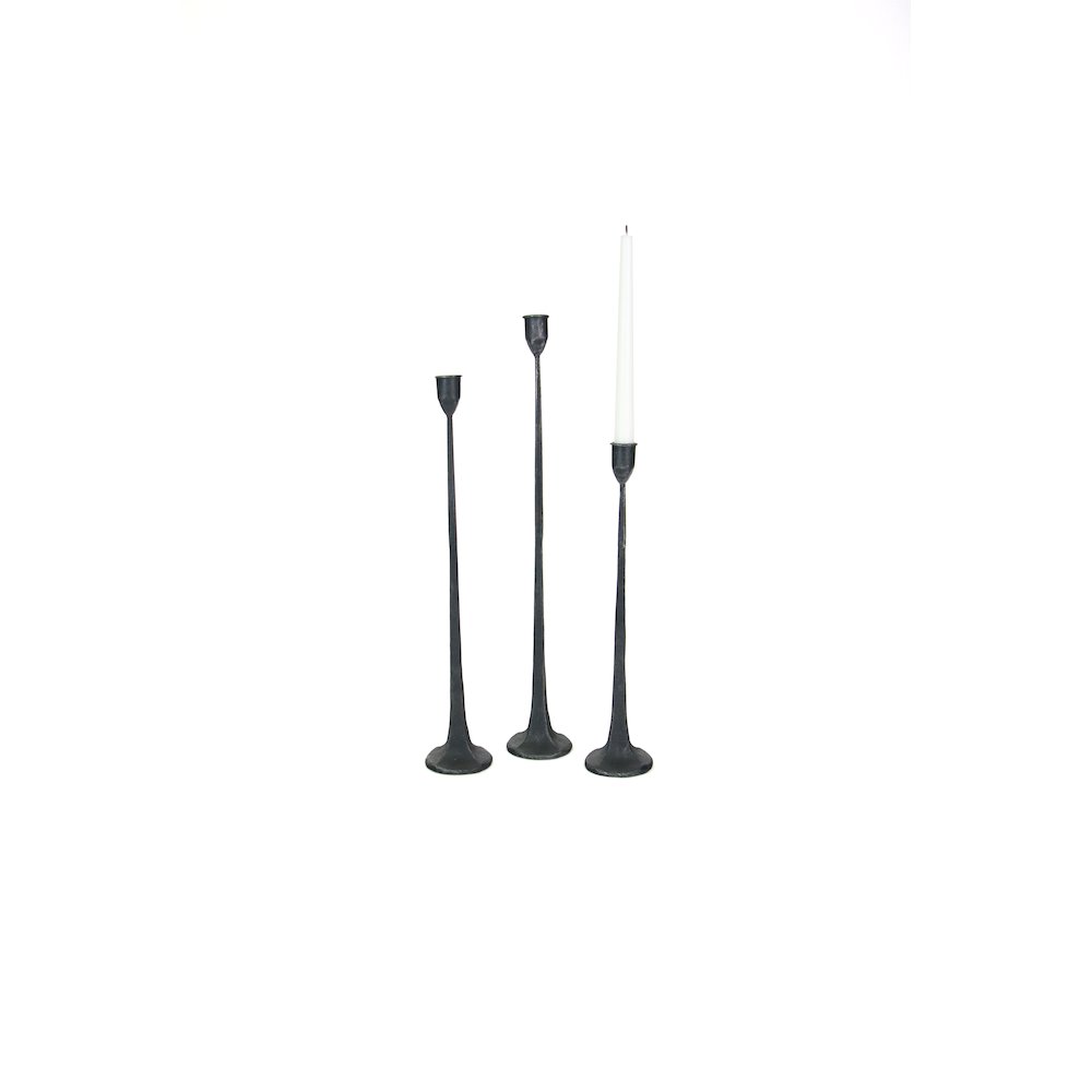 Set Of Three Tall Cast Iron Taper Candle Holders. Picture 1